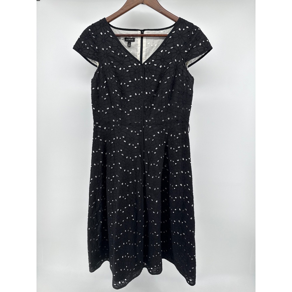 Talbots Black Eyelet V Neck Cap Sleeve Fit Flare Dress Size 4